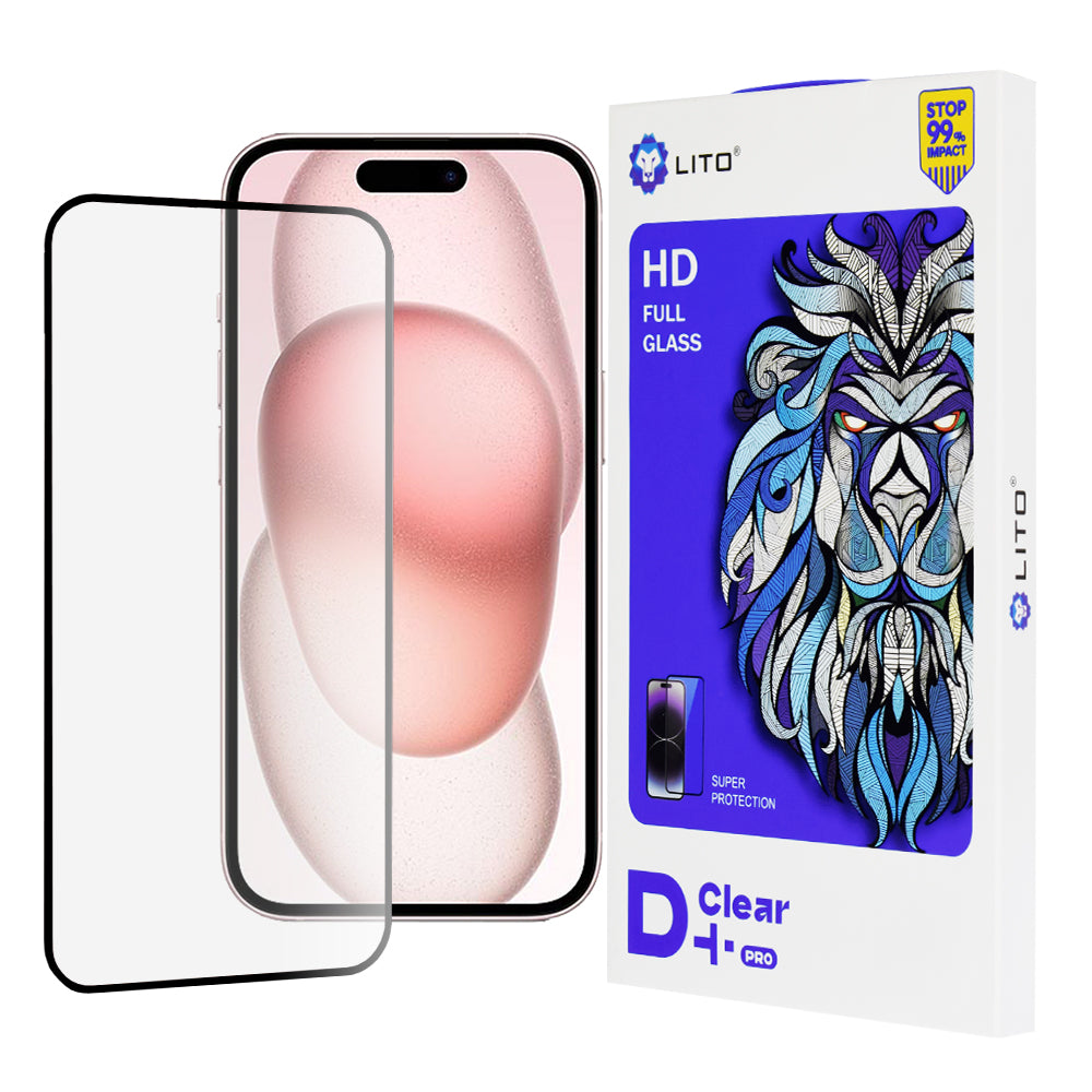 Ochranná fólia na displej Lito D+ Pro pre Apple iPhone 15, tvrdené sklo, plné lepidlo, čierna