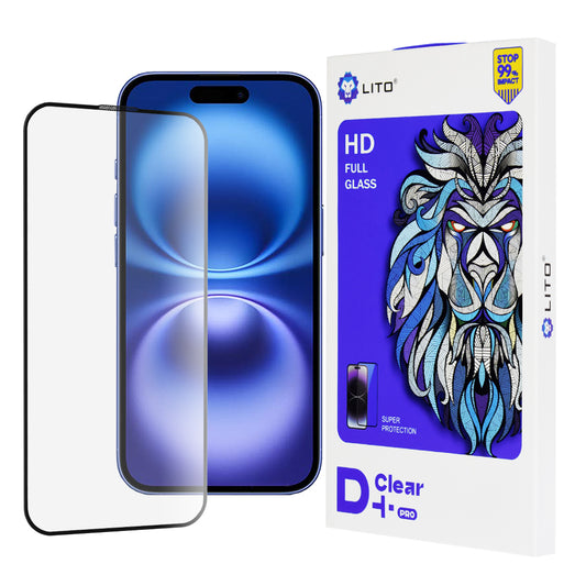 Ochranná fólia na displej Lito D+ Pro pre Apple iPhone 16, tvrdené sklo, plné lepidlo, čierna