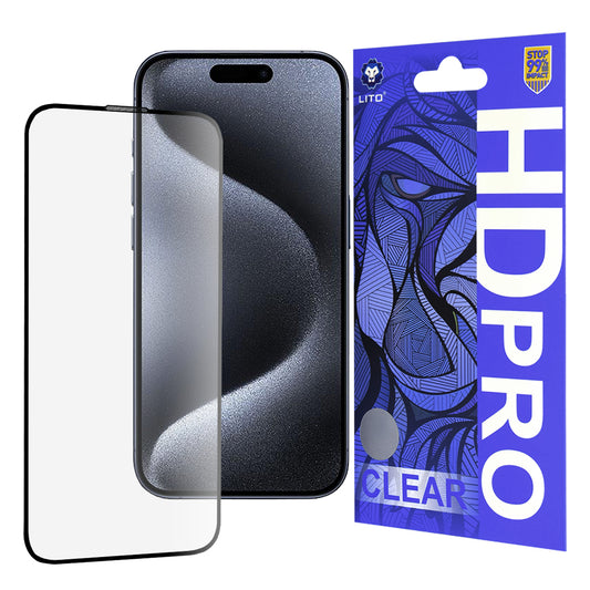 Ochranná fólia na displej Lito HD Pro Clear pre Apple iPhone 15 Pro, tvrdené sklo, plné lepidlo, čierna