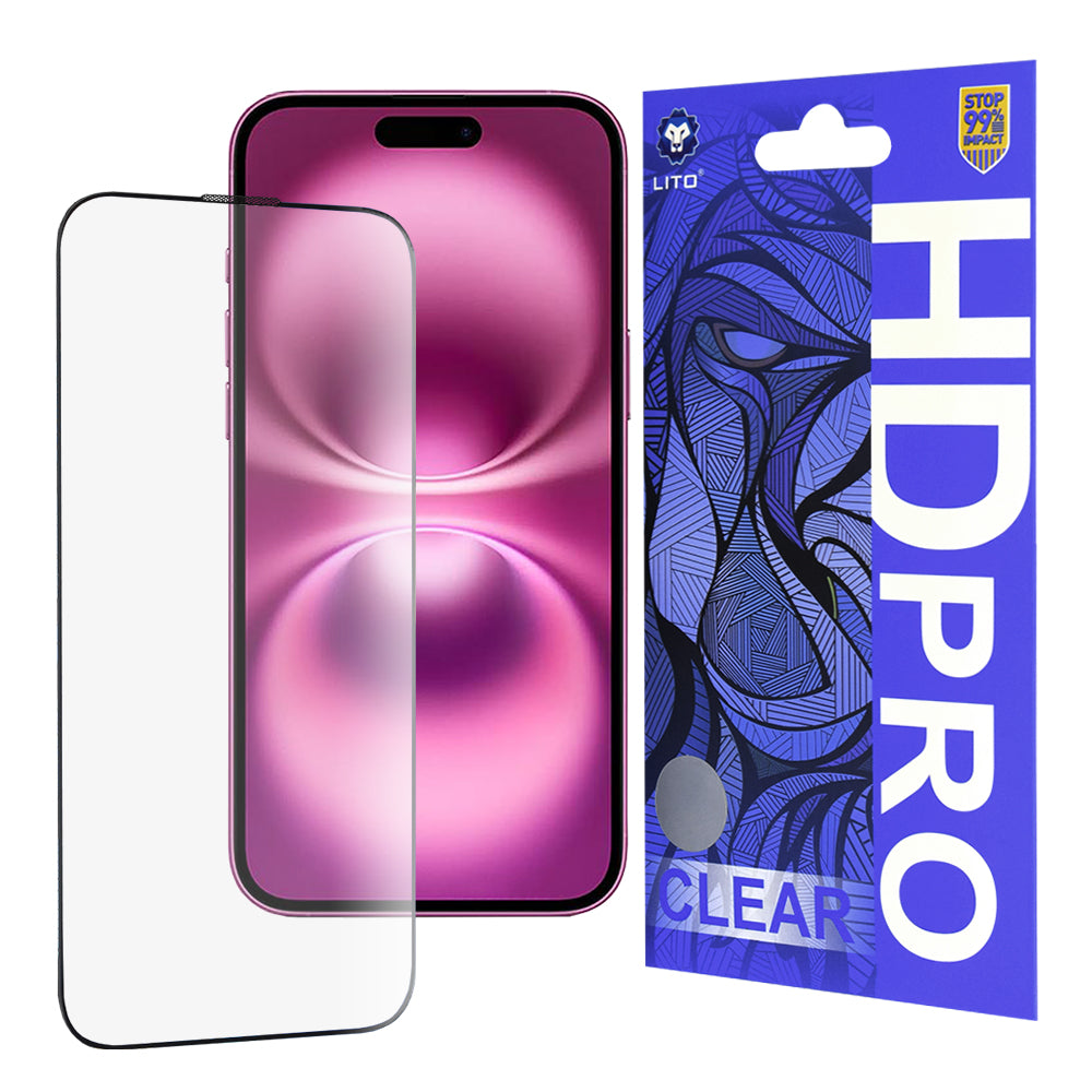 Ochranná fólia na displej Lito HD Pro Clear pre Apple iPhone 16 Plus, tvrdené sklo, plné lepidlo, čierna