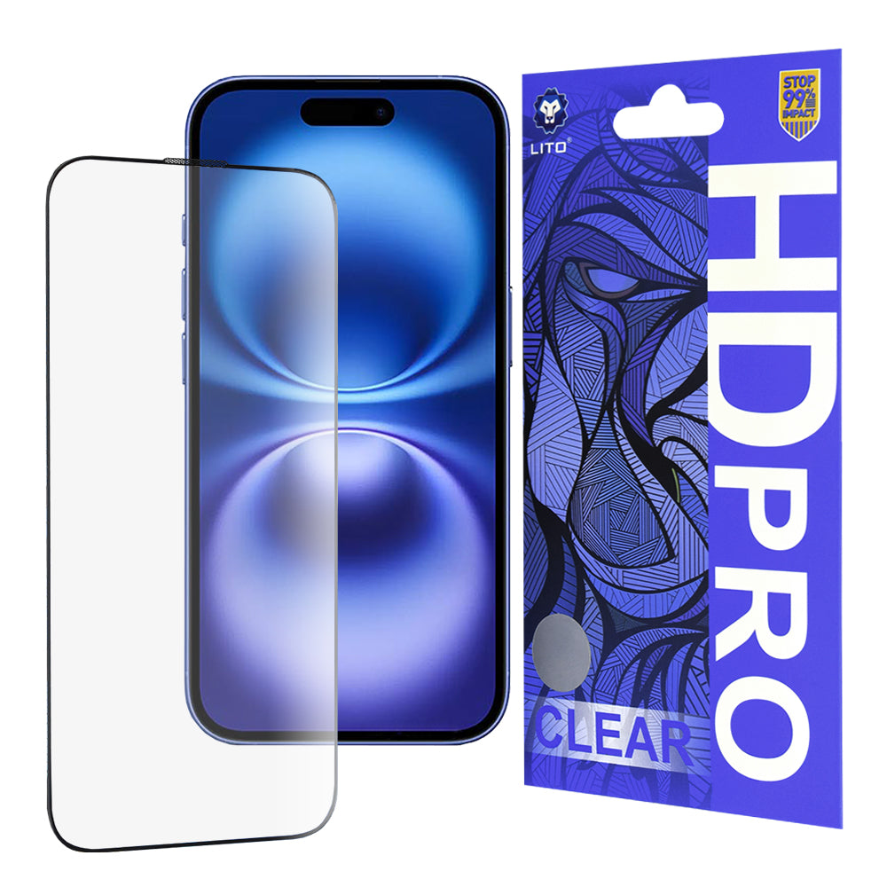 Ochranná fólia na displej Lito HD Pro Clear pre Apple iPhone 16, tvrdené sklo, plné lepidlo, čierna