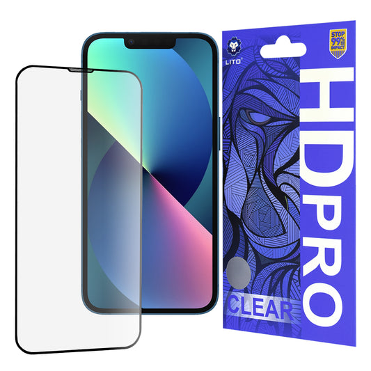 Ochranná fólia na displej Lito HD Pro Clear pre Apple iPhone 17e / 16e / 14 / 13 Pro, tvrdené sklo, plné lepidlo, čierna