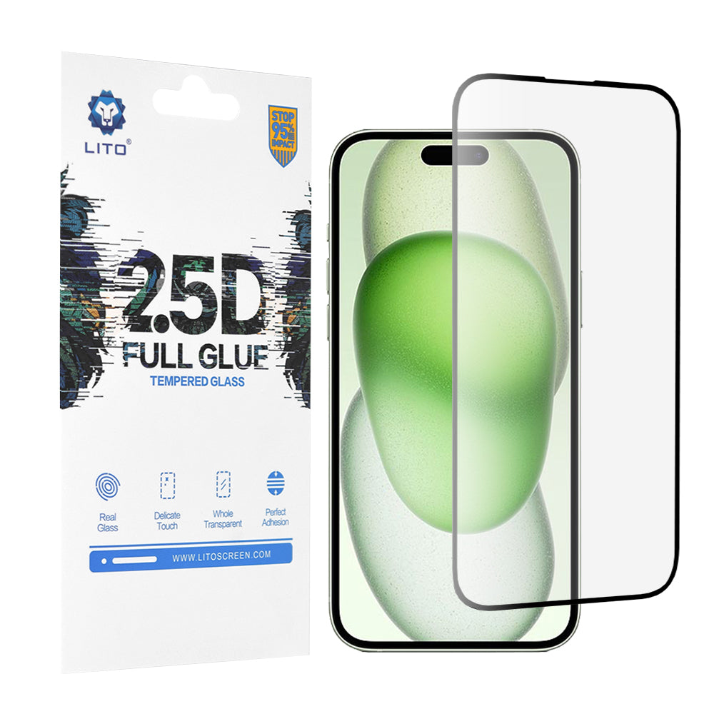 Lito Screen Protector Film for Apple iPhone 15 Plus, Tempered Glass, Full Glue, 2.5D, Black