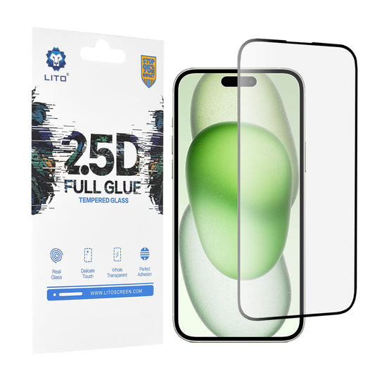 Ochranná fólia na displej Lito pre Apple iPhone 15 Plus, tvrdené sklo, plné lepidlo, 2.5D, čierna