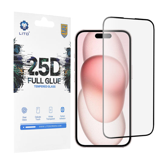 Ochranná fólia na displej Lito pre Apple iPhone 15, tvrdené sklo, plné lepidlo, 2.5D, čierna