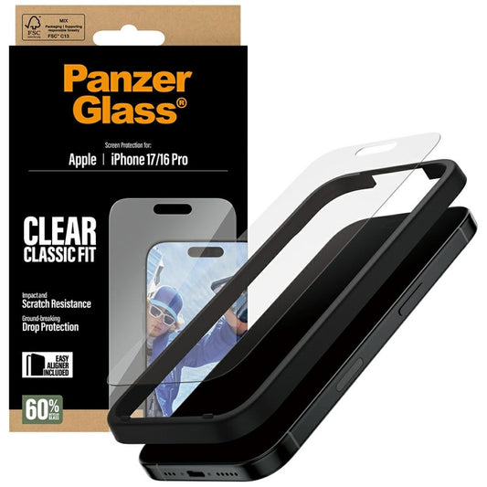 Ochranná fólia na displej PanzerGlass Classic Fit EasyAligner pre Apple iPhone 17 / 16 Pro, Kalené sklo, Full Glue