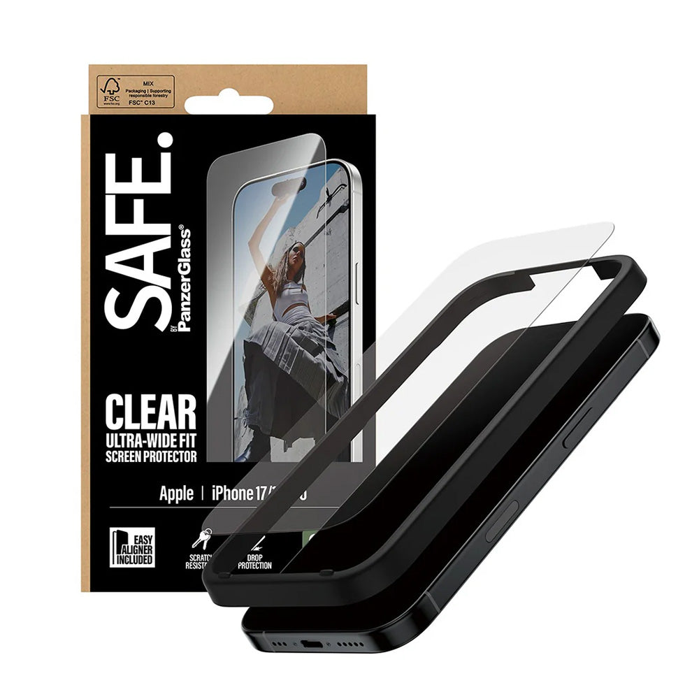 Ochranná fólia na displej PanzerGlass Safe. Ultra-Wide Fit EasyAligner pre Apple iPhone 17 / 16 Pro, Kalené sklo, Full Glue