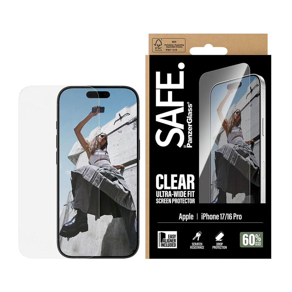Ochranná fólia na displej PanzerGlass Safe. Ultra-Wide Fit EasyAligner pre Apple iPhone 17 / 16 Pro, Kalené sklo, Full Glue