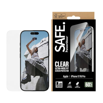 Ochranná fólia na displej PanzerGlass Safe. Ultra-Wide Fit EasyAligner pre Apple iPhone 17 / 16 Pro, Kalené sklo, Full Glue
