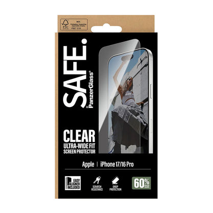 Ochranná fólia na displej PanzerGlass Safe. Ultra-Wide Fit EasyAligner pre Apple iPhone 17 / 16 Pro, Kalené sklo, Full Glue