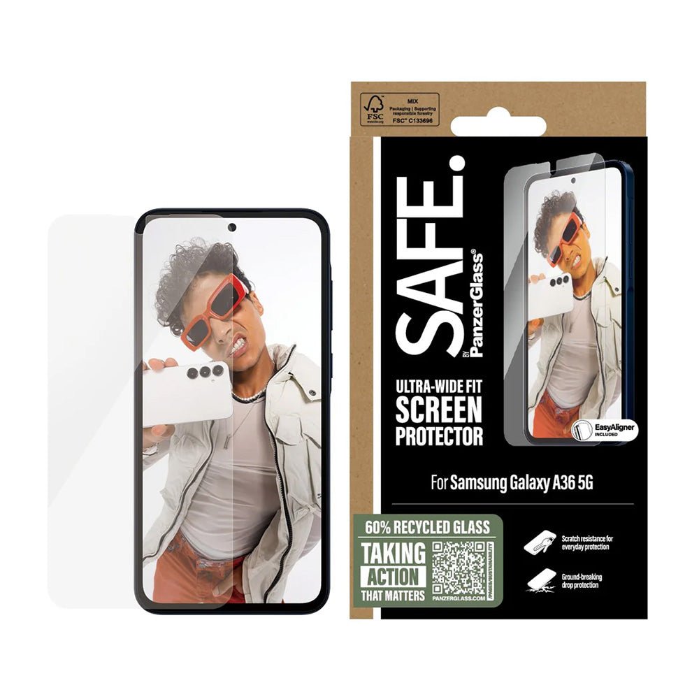 Ochranná fólia na displej PanzerGlass Safe. Ultra-Wide Fit EasyAligner pre Samsung Galaxy A36 A366, Tvrdené sklo, Full Glue