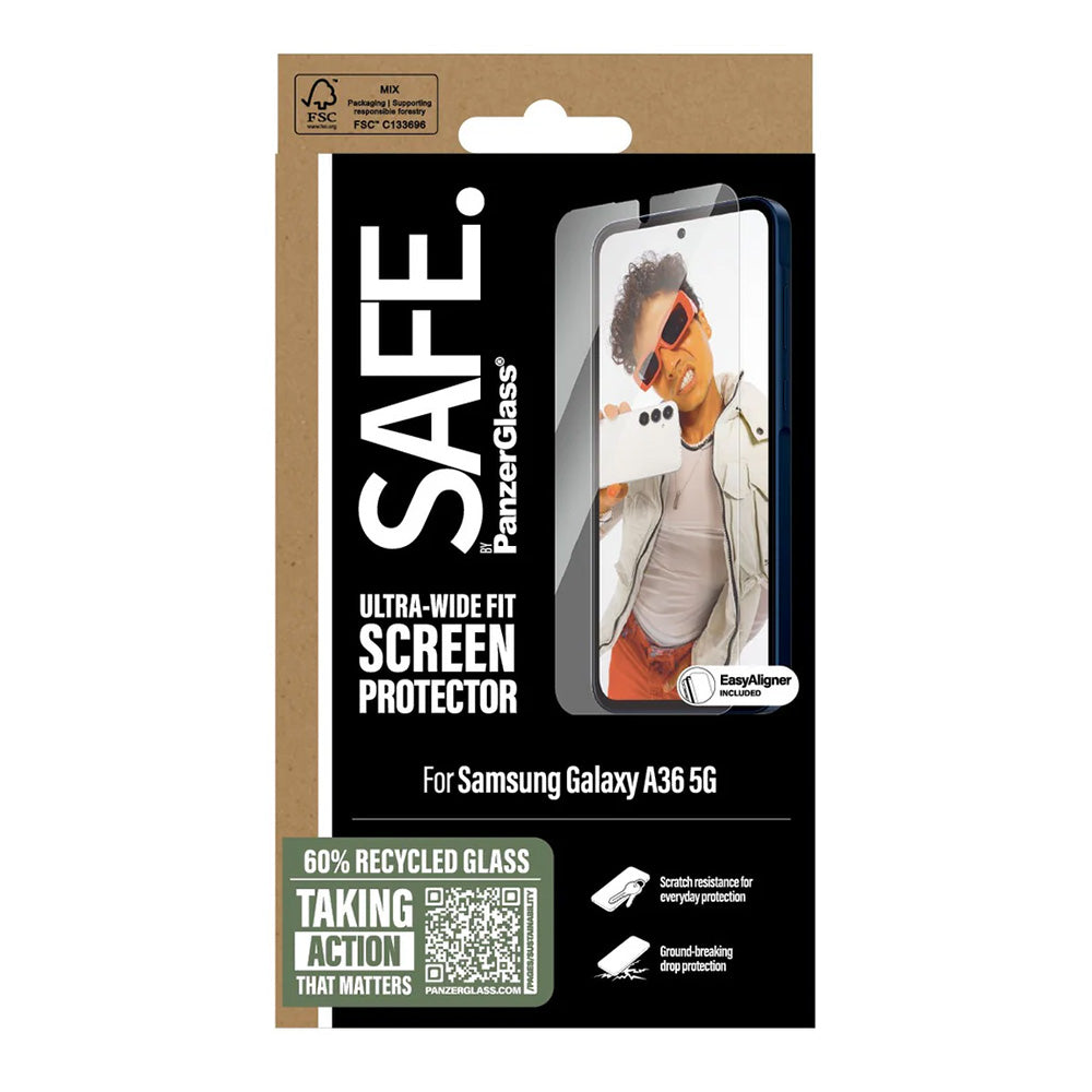 Ochranná fólia na displej PanzerGlass Safe. Ultra-Wide Fit EasyAligner pre Samsung Galaxy A36 A366, Tvrdené sklo, Full Glue