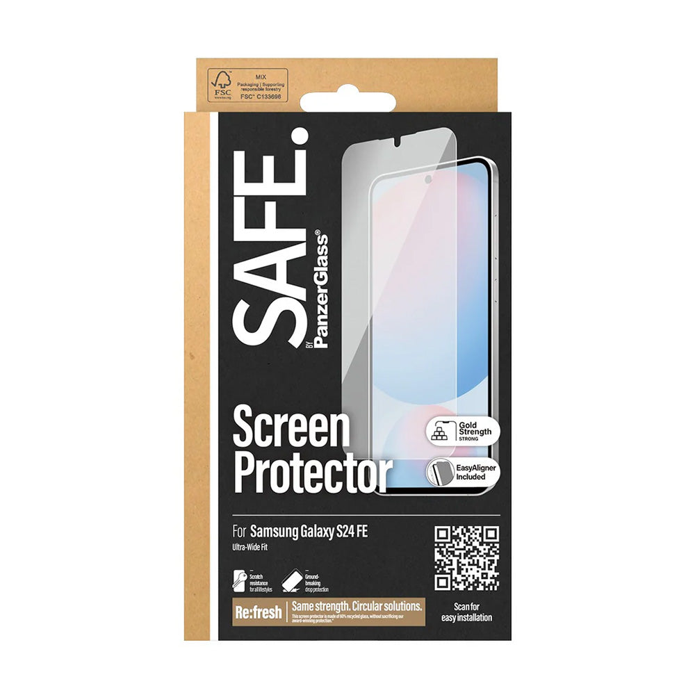 Ochranná fólia na displej PanzerGlass Safe. Ultra-Wide Fit EasyAligner pre Samsung Galaxy S24 FE S721, Kalené sklo, Full Glue