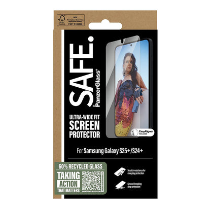 Ochranná fólia na displej PanzerGlass Safe. Ultra-Wide Fit EasyAligner pre Samsung Galaxy S25+ S936 / S24+ S926, Kalené sklo, Full Glue