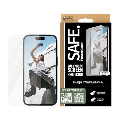 Ochranná fólia na displej PanzerGlass Safe. Ultra-Wide Fit pre Apple iPhone 16 / 15, Kalené sklo, Full Glue.