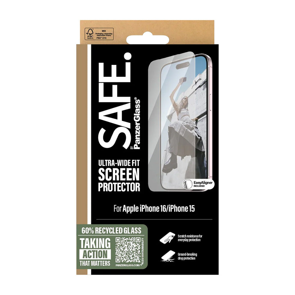 Ochranná fólia na displej PanzerGlass Safe. Ultra-Wide Fit pre Apple iPhone 16 / 15, Kalené sklo, Full Glue.
