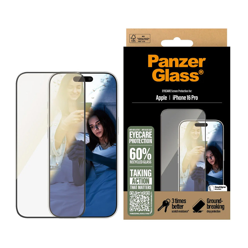 Ochranná fólia na displej PanzerGlass Ultra-Wide Fit EyeCare pre Apple iPhone 16 Pro, Kalené sklo, Full Glue, Čierna