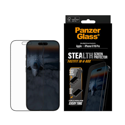 Ochranná fólia na displej PanzerGlass Ultra-Wide Fit Stealth Fastfit pre Apple iPhone 17 / 16 Pro, Kalené sklo, Full Glue, Čierna