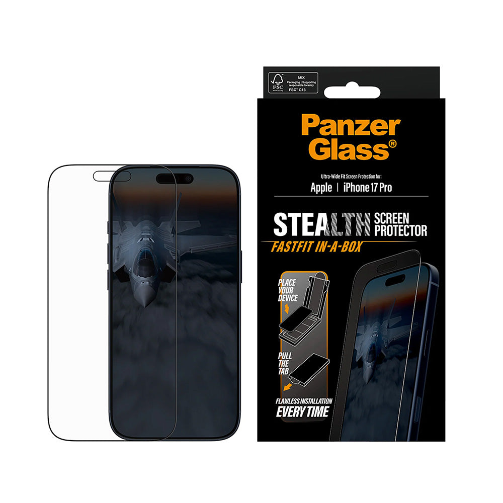 Ochranná fólia na displej PanzerGlass Ultra-Wide Fit Stealth Fastfit pre Apple iPhone 17 Pro, Kalené sklo, Full Glue, Čierna