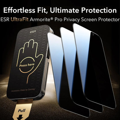 Ochranná fólia Ecran Privacy ESR UltraFit Armorite Pro pre Apple iPhone 17 Pro, Kalené sklo, Full Glue, Sada 3 kusy