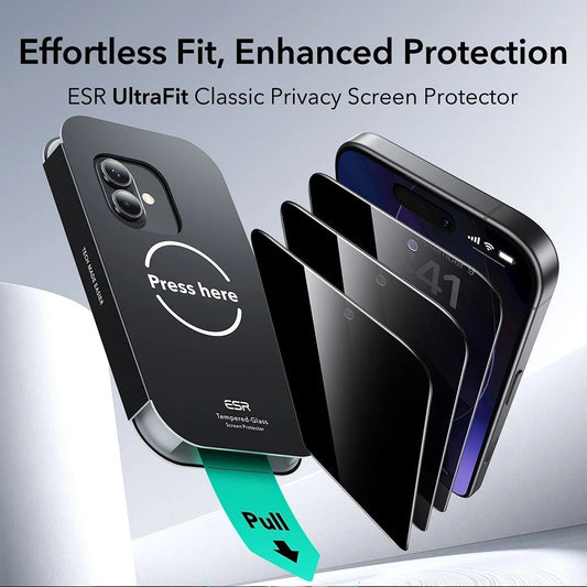 Ochranná fólia Ecran Privacy ESR UltraFit pre Apple iPhone 17 / 16 Pro, Kalené sklo, Full Glue, Sada 3 kusy