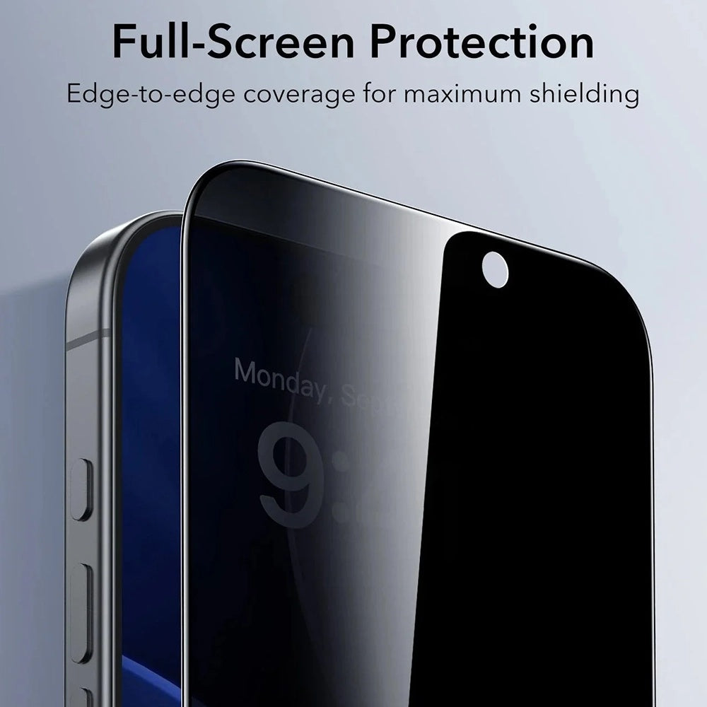 Ochranná fólia Ecran Privacy ESR UltraFit pre Apple iPhone 17 / 16 Pro, Kalené sklo, Full Glue, Sada 3 kusy