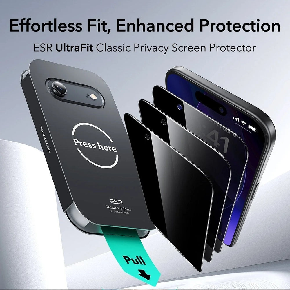 Ochranná fólia Ecran Privacy ESR UltraFit pre Apple iPhone 17 Air, Kalené sklo, Full Glue, Sada 3 kusy