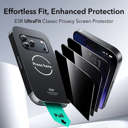 Ochranná fólia Ecran Privacy ESR UltraFit pre Apple iPhone 17 Pro Max, Kalené sklo, Full Glue, Sada 3 kusy