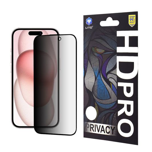 Ochranná fólia na displej Privacy Lito HD Pro pre Apple iPhone 15, tvrdené sklo, plné lepidlo