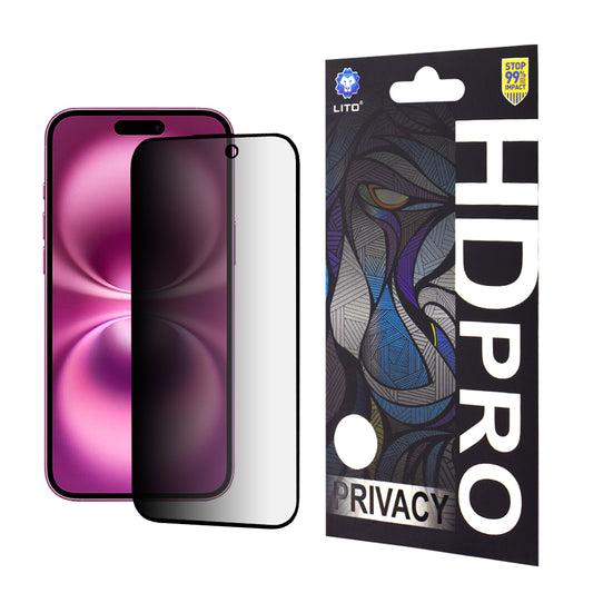 Ochranná fólia na displej Privacy Lito HD Pro pre Apple iPhone 16 Plus, tvrdené sklo, plné lepidlo