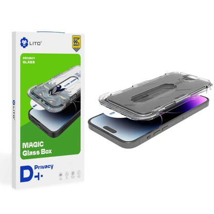 Privacy Screen Protector Film Lito Magic Glass Box D+ Tools for Apple iPhone 17e / 16e / 14 / 13 Pro, Tempered Glass, Full Glue