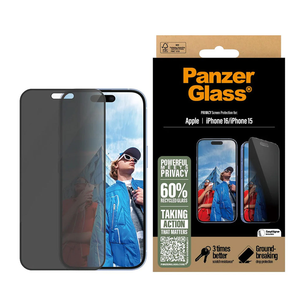 Ochranná fólia na displej Privacy PanzerGlass Ultra-Wide Fit EasyAligner pre Apple iPhone 16 / 15, Kalené sklo, Full Glue