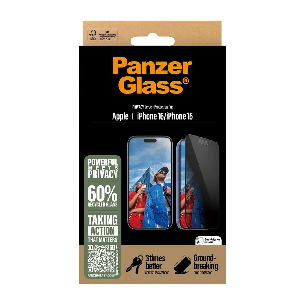 Ochranná fólia na displej Privacy PanzerGlass Ultra-Wide Fit EasyAligner pre Apple iPhone 16 / 15, Kalené sklo, Full Glue