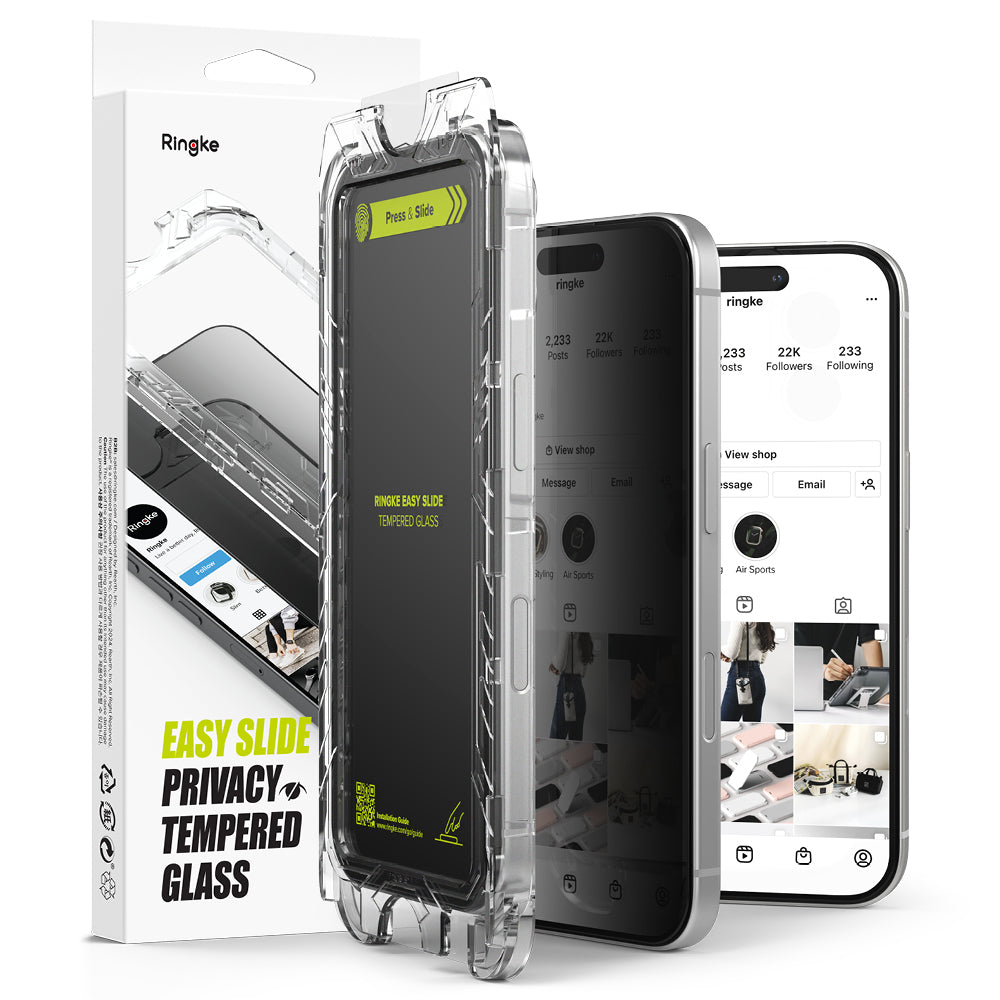 Ochranná fólia na displej Privacy Ringke Easy Slide pre Apple iPhone 16 Plus / 15 Plus, Kalené sklo, Full Glue, Sada 2 kusy
