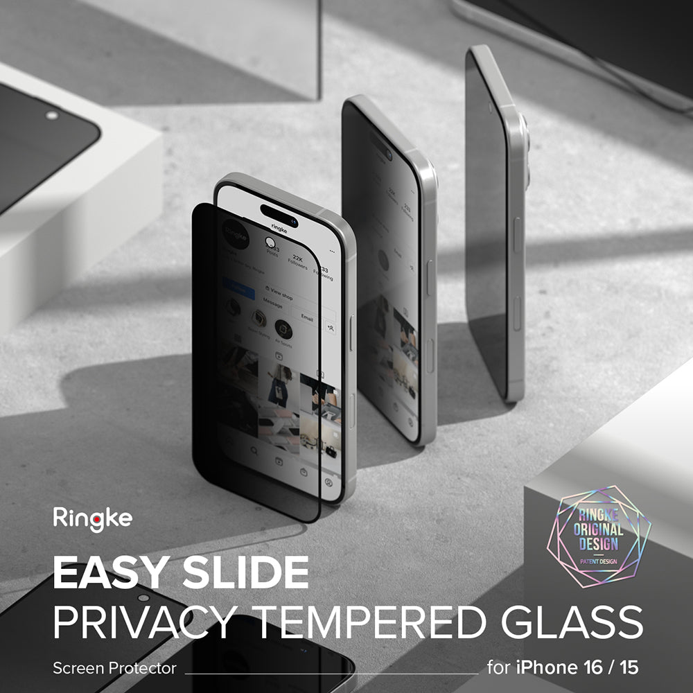 Ochranná fólia na displej Privacy Ringke Easy Slide pre Apple iPhone 16 Plus / 15 Plus, Kalené sklo, Full Glue, Sada 2 kusy