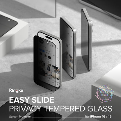 Ochranná fólia na displej Privacy Ringke Easy Slide pre Apple iPhone 16 Plus / 15 Plus, Kalené sklo, Full Glue, Sada 2 kusy