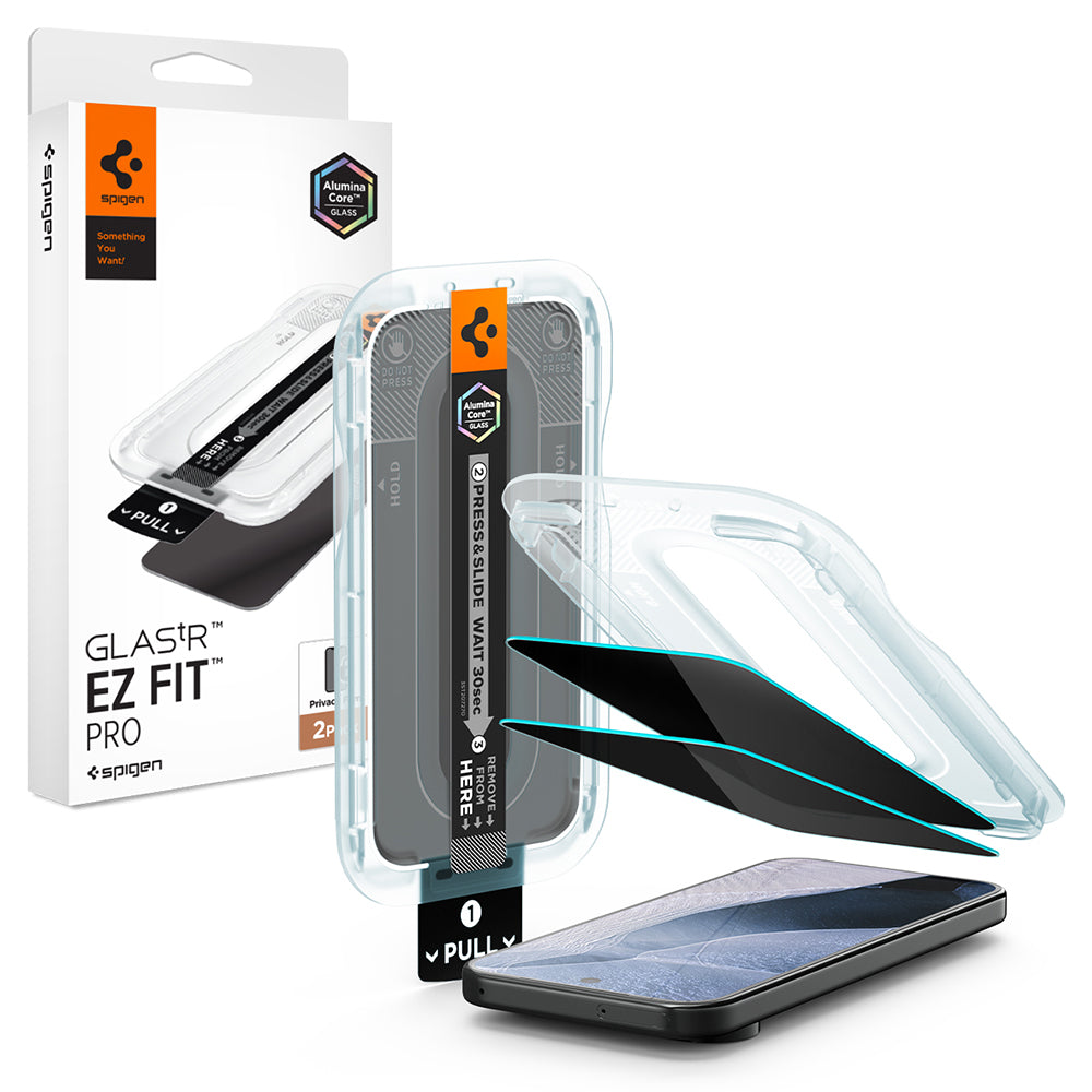 Ochranná fólia na displej Privacy Spigen GlastR EZ FIT Pro pre Google Pixel 11 Pro / 10 Pro, tvrdené sklo, plné lepidlo, sada 2 kusy AGL11481