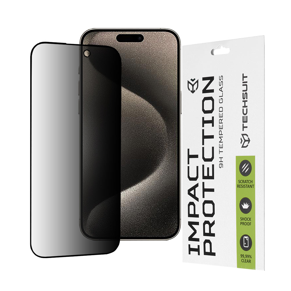 Ochranná fólia na displej Privacy Techsuit pre Apple iPhone 15 Pro Max, tvrdené sklo, plné lepidlo, 111D