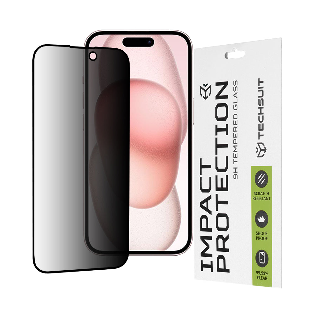 Ochranná fólia na displej Privacy Techsuit pre Apple iPhone 16 / 15, tvrdené sklo, plné lepidlo, 111D