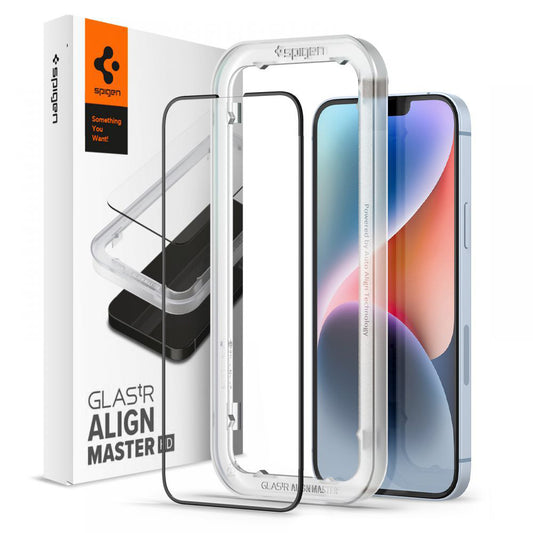Ochranná fólia na displej Spigen GlastR Align Master pre Apple iPhone 17e / 16e / 14 / 13 Pro, Tvrdené sklo, Full Glue, Čierna AGL03725