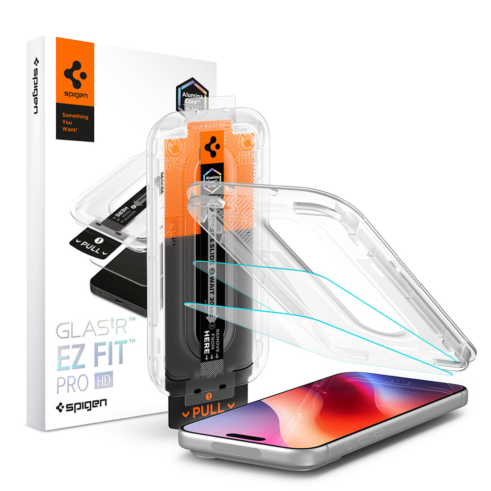 Ochranná fólia na obrazovku Spigen GlastR EZ FIT Pro HD pre Apple iPhone 18 Pro / 17 Pro / 17 / 16 Pro, tvrdené sklo, plné lepidlo, sada 2 kusy AGL12047