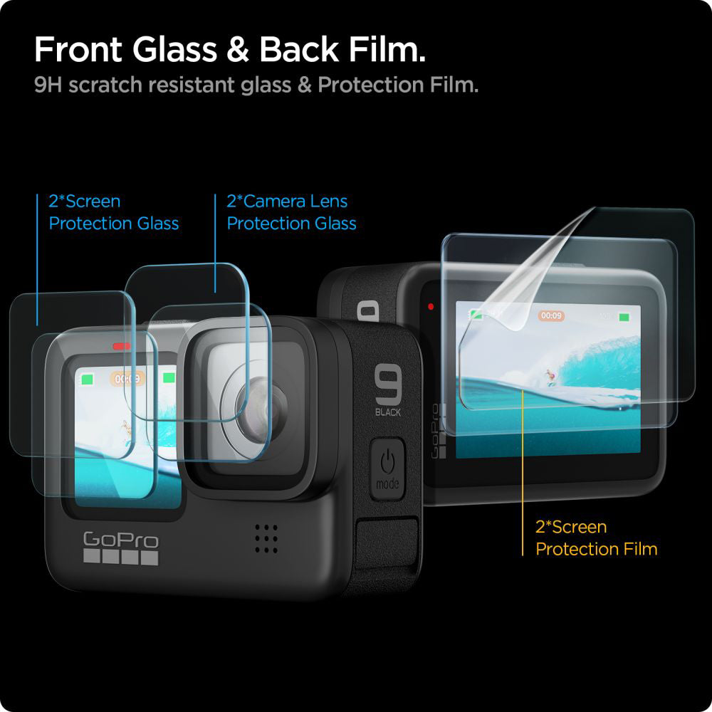 Ochranná fólia na obrazovku a objektív Spigen GlastR Slim pre GoPro Hero 12 / 9 / 10 / 11, Kalené sklo, Sada 6 kusov AGL03045