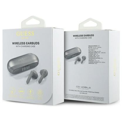 Handsfree Bluetooth Guess Elongated Metallic Printed Logo, TWS, Sivá
