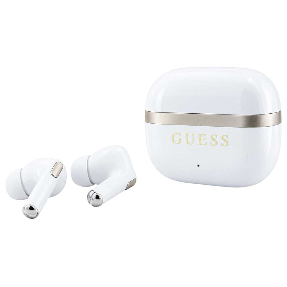 Handsfree Bluetooth Guess Glossy Gold Line Printed Classic Logo, TWS, bielej farby