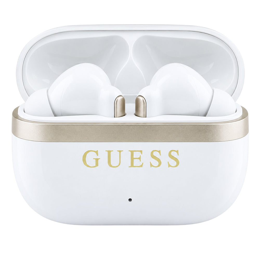 Handsfree Bluetooth Guess Glossy Gold Line Printed Classic Logo, TWS, bielej farby