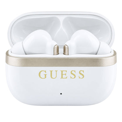 Handsfree Bluetooth Guess Glossy Gold Line Printed Classic Logo, TWS, bielej farby