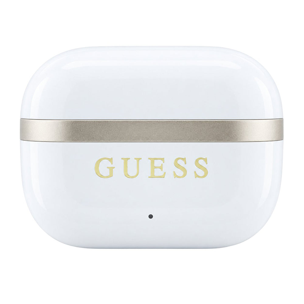 Handsfree Bluetooth Guess Glossy Gold Line Printed Classic Logo, TWS, bielej farby