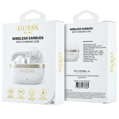 Handsfree Bluetooth Guess Glossy Gold Line Printed Classic Logo, TWS, bielej farby