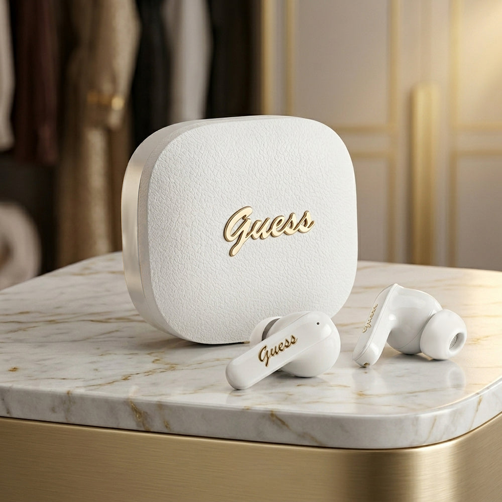Handsfree Bluetooth Guess Script Metal Logo, TWS, Biela