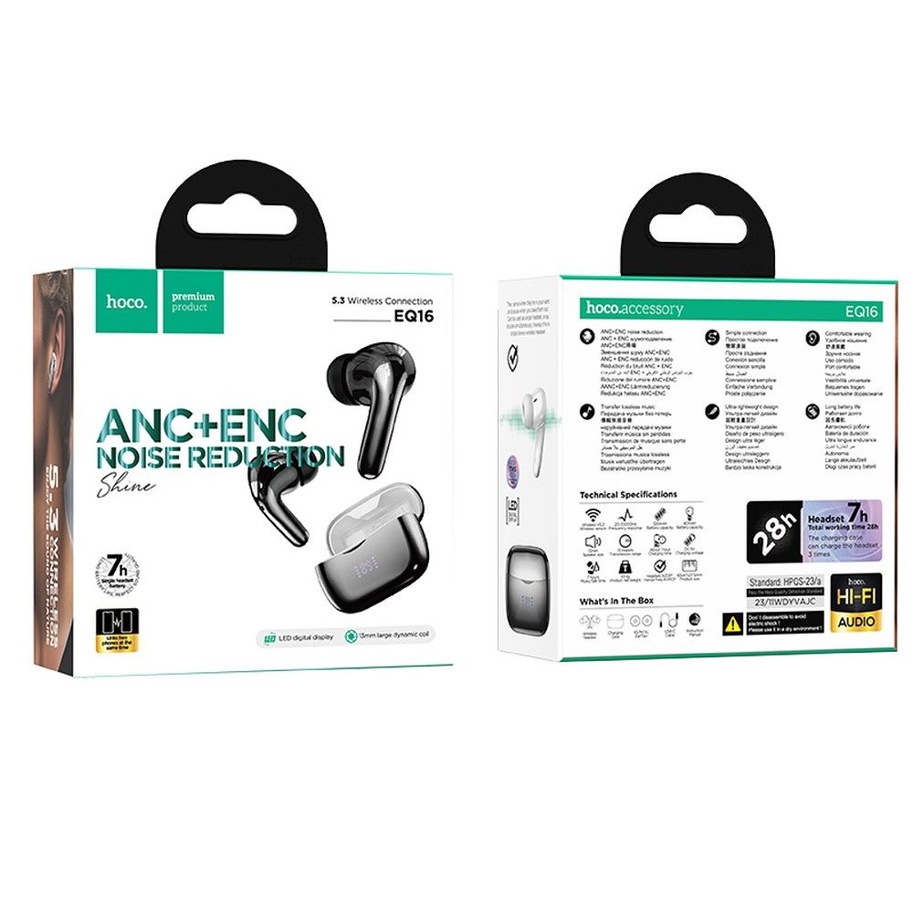 Handsfree Bluetooth HOCO EQ16, TWS, ANC, Čierna